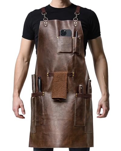 SYOKAMI Leather Chef Cooking Apron for Men, Cross Back Apron for All-Day Comfort, Waterproof Apron with Multiple Pockets, Great for Kitchen, Baking, BBQ, Butcher Work or Crafts, Ideal Gift