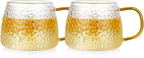 Image of Kamvy Glass Coffee Mugs with Golden Handle Pack of 2, 410ml Clear Green Lemon Tea Cups for Latte, Cappuccino, Espresso, Mocha Dishwasher & Microwave Safe (Bubble)