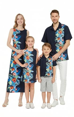 Image of Matchable Family Hawaiian Luau Men Women Girl Boy Clothes in Orchid Paradise Navy