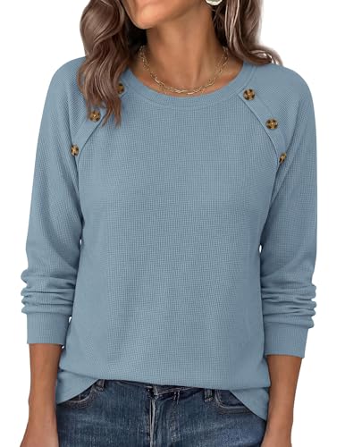 PRETTYGARDEN Fall Long Sleeve Waffle Knit Shirts for Women, Dusty Blue,XL