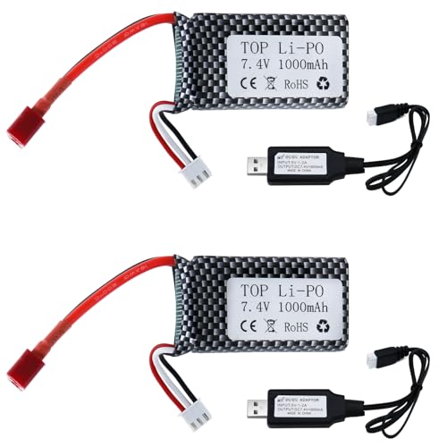 Tosiicop 7.4V 1000mAh Li-ion Battery - 2 Pack 2S 30C Batteries with T Plug for RC Truck Brushless...