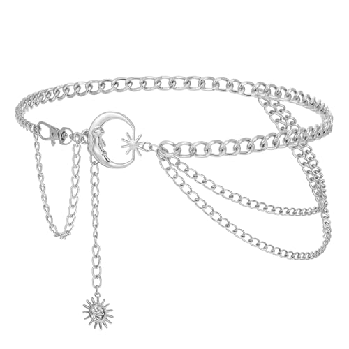 3 Layered Body Belly Belt Metal Waist Chain Moon and Sun Chain Silver Fashion Multilayer Link Belts Jewelry Accessories for Women Jeans Dresses Party Country Concert Outfits
