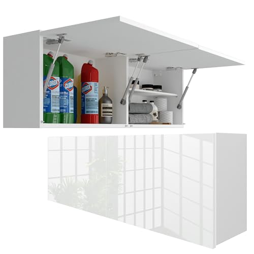 Milionmeblicom Badezimmerschrank Laura Hängeschrank Badezimmermöbel Klappbarer Badezimmer Wandschrank Teleskopöffnung - Mattweiß/Weiß Hochglanz, Maße 39 x 120 x 23 cm