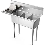 ROVSUN Commercial Sink, Stainless Steel with 3 Compartment and Left Side Drainboard, 43.9' x 20' x 43.3' Freestanding Kitchen Utility Sink, Bowl Size 10' x 14' x 10', Silver