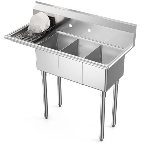 ROVSUN Commercial Sink, Stainless Steel with 3 Compartment and Left Side Drainboard, 43.9