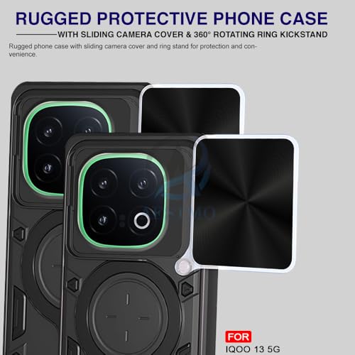 Image of AESTMO Armor iQOO 13 5G Bumper Back Case Cover | Ring Holder & CD Pattern Sliding Camera Shutter Cover | 360 Degree Protection Back Case Cover for iQOO 13 5G (Black)