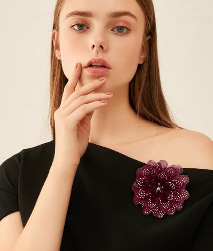 Image of Rhinestones Flower Fabric Big Brooches Lapel Pins for Women Elegant Organza Floral Brooch Pin for Dresses Suit Wedding Banquet Clothes Accessories Fashion Jewelry 130mm
