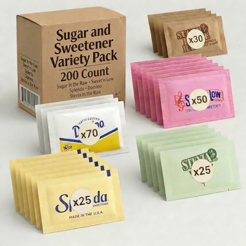 Sugar & Sweetener Variety Pack (200 Packets) â€“ Stevia, Sucralose, Saccharin, Pure Cane Sugar & Turbinado Raw Sugar â€“ Bulk Packets for Coffee Bar, Office, Restaurant