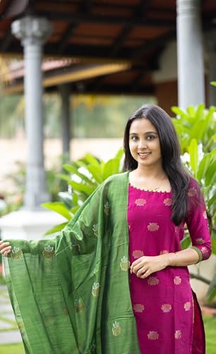 Image of Women's Cotton Silk Kurta Set with Dupatta | Embroidered Straight Kurti with Matching Pants | Traditional Ethnic Wear Suit for Festive, Casual & Office Wear