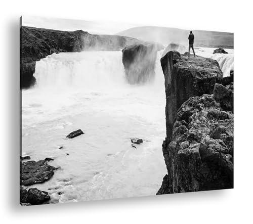 Toile cascade deyoli 90x60 cm noir et blanc avec cadre en bois véritable pour déco intérieure