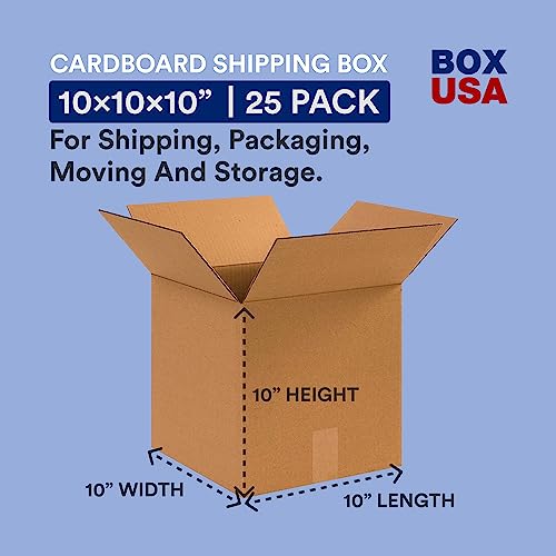 BOX USA Shipping Boxes Small 10"L x 10"W x 10"H 25-Pack, Cardboard Box for Shipping, Moving, Mailing, Packing, Packaging and Storage