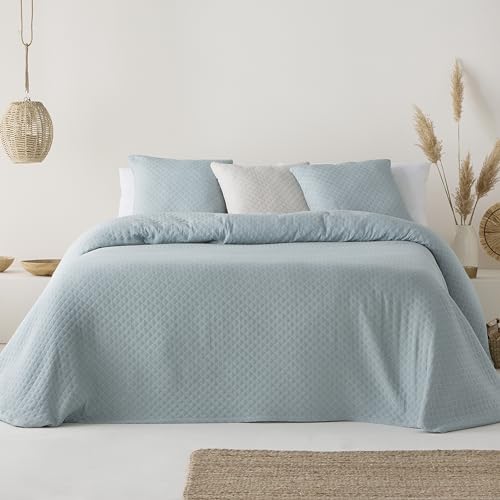 GAMUSI Colcha Cama 105 cm Ligera Entretiempo Primavera Verano Lisa Jacquard algodón Transpirable, 200x270 cm, Color Agua Marina