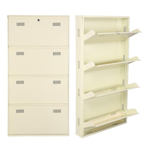 Image of Metal Shoe Rack Wall Mounted for Home with Central Locking | 4 Door 28 inch Wall Mounted Metal 12 Pair Shoe Rack Cabinet | Pre-Assembled Rack Shelves | 3 Year Warranty (Ivory)