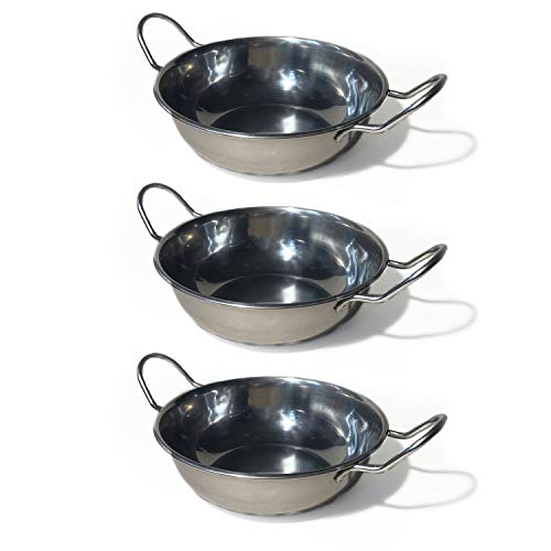Indian Balti Dish - 3 X 18CM Stainless Steel Curry Serving Dish - Indian Serving Dishes with Handle