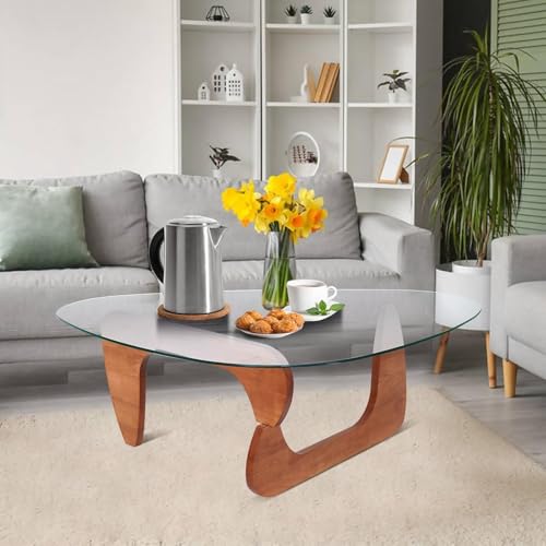 Mesa de centro ovalada de cristal transparente, base de madera natural, mesa de centro triangular, mesa de centro de té de cristal templado, base de madera maciza y parte superior de vidrio