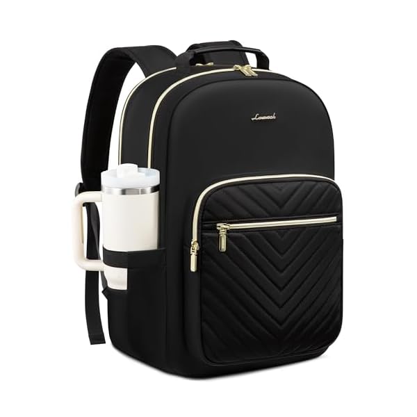 LOVEVOOK Laptop Backpack for Women with Giant Tumbler Holder 15.6 inch,Designer Travel Backpack Laptop Bag College Backpack,Quilted Work Nurse Teacher Backpack Purse Computer Bag Casual Daypack, Black