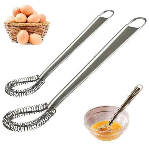 2 Pcs Stainless Steel Egg Whisk Mini Handheld Whisk Beater Set Manual Spring Coil Wire Whisk Blender Small Hand Whisker Egg Stirrer for Kitchen Cooking Baking Mixing Beating