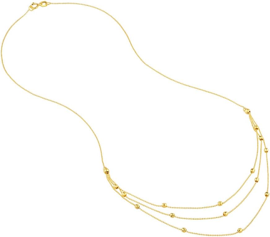 JewelryWeb 14k Yellow Gold Triple Strand Sparkle-Cut Bead Bib Necklace 17 Inch Strand Necklace for Women