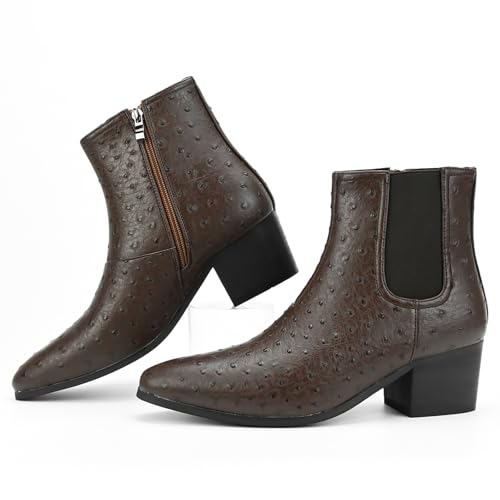 Image of Men'S Classic Leather Chunky Heel Chelsea Boots With Side Zipper Fashion Pointed Toe Elastic Band High Top Block High Heel Formal Chukka Booties For Casual Business Party Wedding