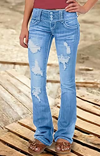 Women's Ripped Low Rise Bootcut Jeans Classic Stretchy Wide Leg Denim Pants Flared Denim Trousers2