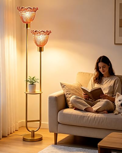 Image of 2-Lights Modern Glass Floor Lamp with Shelf Gold Floor Lamp with Deep Red Glass Shade, Mid Century Standing Tall Lamps with Foot Switch for Living Room Bedroom Home Decor (Bulbs Included)