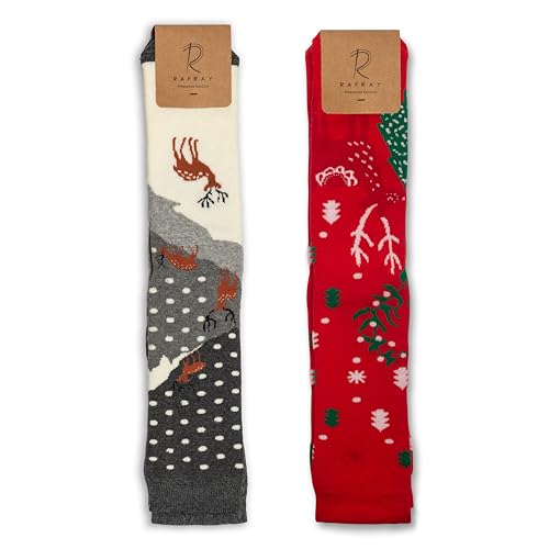 Image of RAFRAY Women's Christmas Socks - Cozy Calf-Length Winter Socks with Snowman & Reindeer - Gift Box - 2 Pairs - Size 5-9.5
