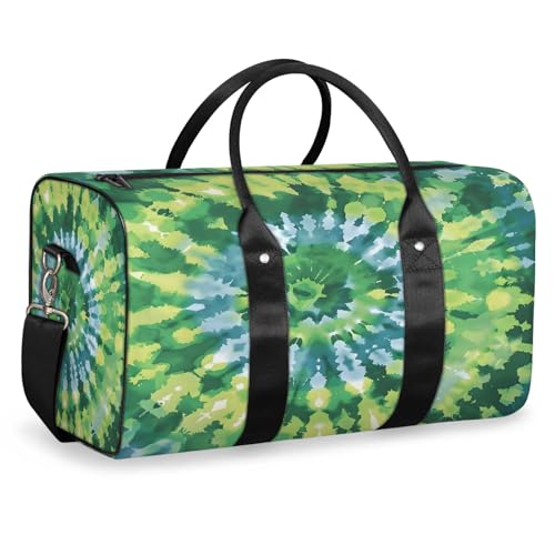 Tie Dye Green Travel Duffle Bag, Sports Gym Bags for Women Men, Carry On Weekender Overnight Workout Airplane Trips Bag