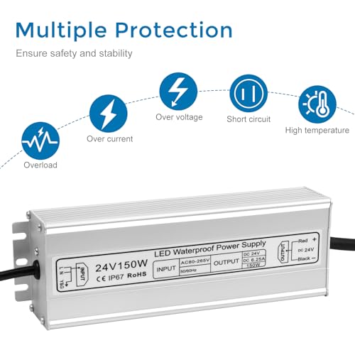 Image of LED Driver 150W 24V Power Supply, IP67 Waterproof Low Voltage Transformer, AC 80-265V to DC 24V 6.25A Converter with 3-Prong Plug 3.3 Feet Cable for Outdoor LED Lights, Industrial, Computer