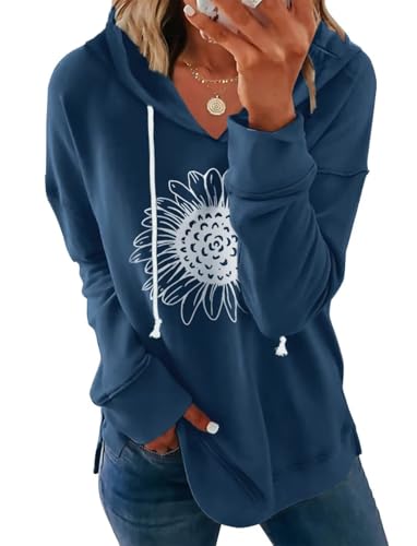 Ovanviso Women Sunflower Graphic Hoodies Long Sleeve Pullover Drawstring Sweatshirt Loose Fit Tunic Tops Blue Large