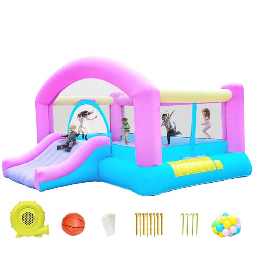 DIYJOTOFUN Hüpfburg groß mit basketballkorb und wurfspielen, hüpfburg Kinder 3-10 Jahre inkl. gebläse Outdoor hüpfburgen XXL