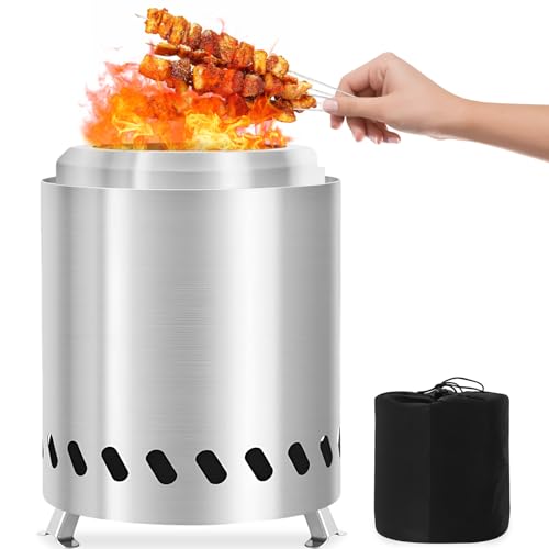 Brasero Sin Humo con Soporte & Bolsa Almacenamiento, Chimenea Mesa Acero Inoxidable, Hoguera Barbacoa para Madera,Pellets,Barril Fuego Portátil para Exteriores,Camping,Decoración Jardín,Terraza,Balcón