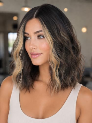 Image of Eawwii Wigs for Women Dark Brown Mixed Blonde,Short Wavy Synthetic Lace Wig | Glueless 4x1 Lace Hairline, Heat-Resistant Fiber,Bob Wave Style,Natural Appearance for Everyday Cosplay 14 Inch