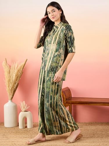 Image of Modeve Women Shirt Palazzo Foil Print Co-Ord Set