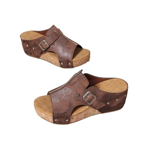 Women's Platform Wedge Sandals Faux Cork Footbed Sandals,Slip on Wedges Slides Comfortable Open Toe Casual 2026 New (Brown,23.5 