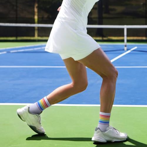 Image of YUEDGE Women's Striped Cuff Casual Cushioned Crew Socks Moisture Wicking Odour Free White Cotton Tennis Cycling Running Training Athletic Socks For Women Size 9-12, 5 Pairs