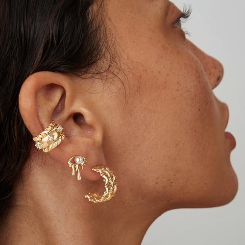 FETTERO Split Hoop Earrings 14K Gold Plated Chunky Hoop Earrings for Women Dainty Hypoallergenic Half Hoop Earring Jewelry Triple Hoop Earrings