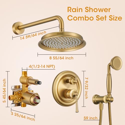 Image of Rainfall Shower Head with Handheld Combo, Brushed Gold Shower System with Balance Pressure Valve, 9 inch Shower Head and Faucet Set, Rain Shower Head with Handheld Spray Wall Mount(B2312-BG)
