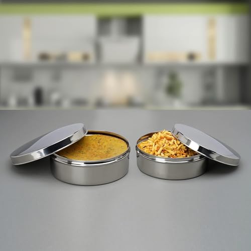 Image of KC Stainless Steel Flat Canisters | Puri Dabba | Storage Containers Set Of 2 Pcs (Capacity 1.2Ltr & 1.5Ltr), Silver