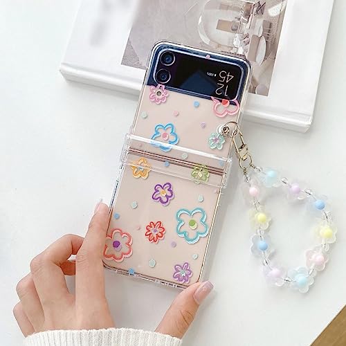 Capa de telefone dobrável transparente floral pequena com pulseira para Samsung Z Flip 3 Z Flip 4 Ca