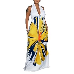 Womens Sexy Summer Dresses Halter Neck Plus Size Long Maxi Dress Casual Floral Beach Sun Dresses with Pockets