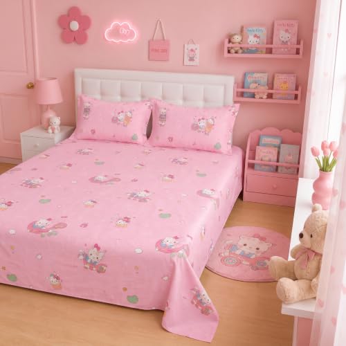 Image of Filymore Kids Double Bedsheet with 2 Pillow Covers | Cartoon Kitty Printed Bed Sheet for Double Bed | 240 TC Soft Microfiber Bedding Set | 90 x 90 Inch Bedspread | Pink & White