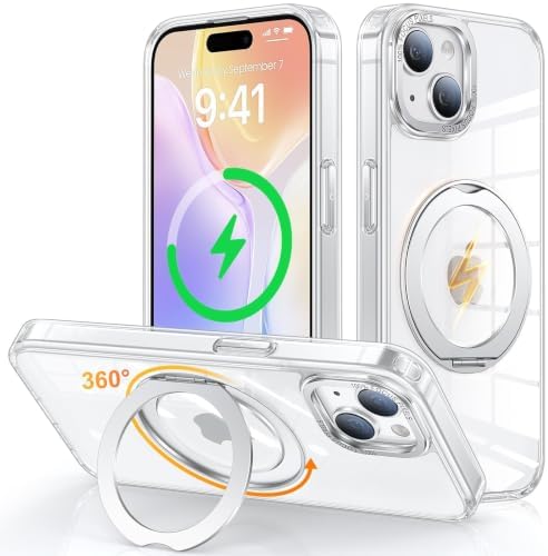 （14:00時点） Gunwon iPhone 15 用 ケース Magsafe対応 ワイヤレス充電 360°回転スタンド 縦横両対応 米軍規格耐衝撃「クリア」