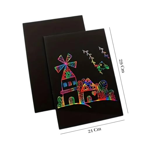 Image of R H lifestyle DIY 10 Sheet Magic Rainbow Scratch Art Paper Cards Scraping Drawing with Stick (A4 Size)