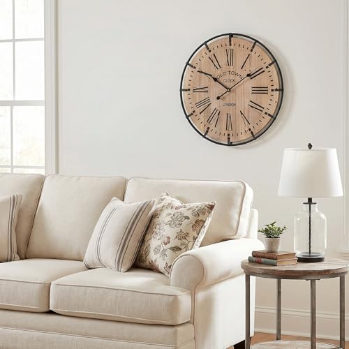 Image of EMAX HOME 20 Inch Large Farmhouse Wall Clock, Light Wood Grain Face with Black Metal Frame, Silent Non-Ticking Quartz Movement, Easy-to-Read Roman Numerals, for Living Room, Bedroom, Kitchen.