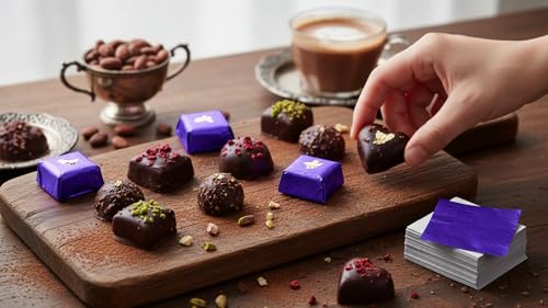 Image of Aluminum Foil Chocolate Wrappers - Candy Wrapping Sheets for DIY Chocolates, Sweets & Gifts | Food-Grade, Decorative & Easy-to-Use Foil Wraps (Purple, Pack of 1 (250 Counts))