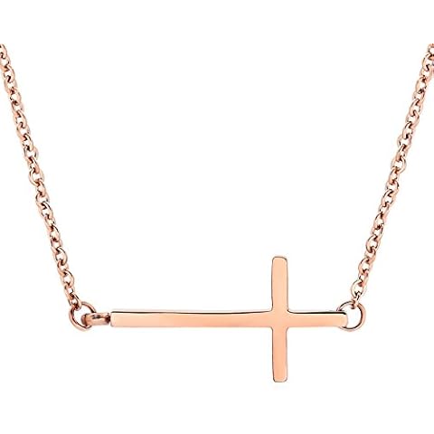 ELBLUVF Stainless Steel Gold Rose Gold Silver Plated Dainty Beads Sideways Cross Double Layers Necklace For Women (Rosegold sideways cross) Cover