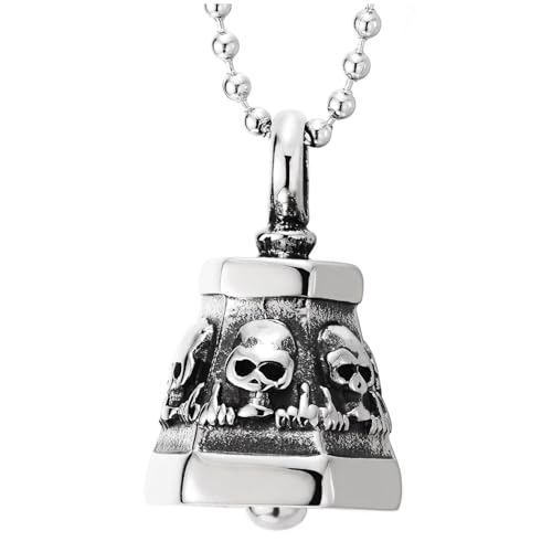 COOLSTEELANDBEYOND Collier Cloche Crâne Acier Homme Pendentif Gothique Punk Biker avec Chaîne Perles