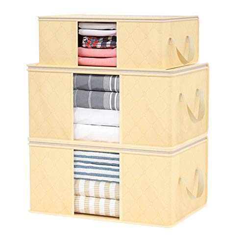 DIMJ Juego de 3 Bolsa de Almacenamiento de Ropa Gran Capacidad Bajo la Cama Organizador de Edredones con Ventana Transparente para Edredones Mantas Ropa (Beige)