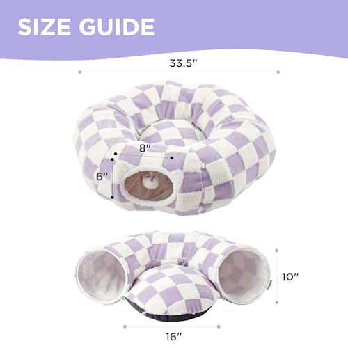 Image of Lesure Cat Tunnel Bed for Indoor Cats - Cute Cat Donut Tunnel Toys for Small Large Cats with Washable Circle Cushion, Round Pet Peekaboo Cave Toy for Kitten /Puppy /Rabbit, Standard Lavender Checks