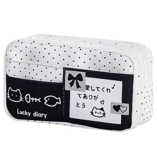 Image of OSDUE Cute Cat Pencil Case, Kawaii Polka Dot Pen Pouch for Girls - Large Capacity Canvas Cosmetic Bag with Japanese Bow Patch, Aesthetic Stationery Organizer for School, Travel & Makeup